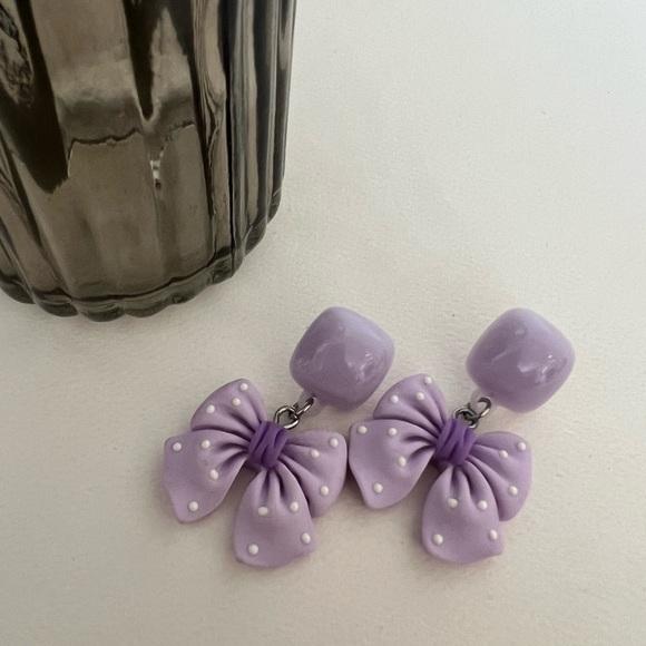 Cute Lolita Pink & Purple Bow Dangle Earrings Set - Polka-dot Bow Earrings - Picture 9 of 17